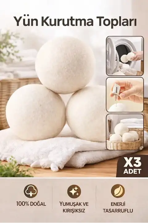 3 Adet Çamaşır Yün Kurutma Topu XXL Büyük Boy Doğal Yumuşatıcı Çamaşır Kurutma Makinesi Topları
