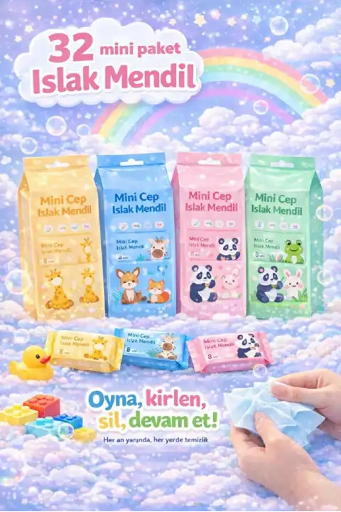 32 Adet Sevimli Figürlü Mini Islak Cep Mendili Panda Zebra Fil Zürafa Renkli Tasarım Cep Mendili