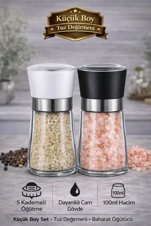 2li Küçük Boy Karabiber Tuz Değirmeni 5 Kademeli Baharat Öğütücü Siyah Beyaz Tuzluk Set