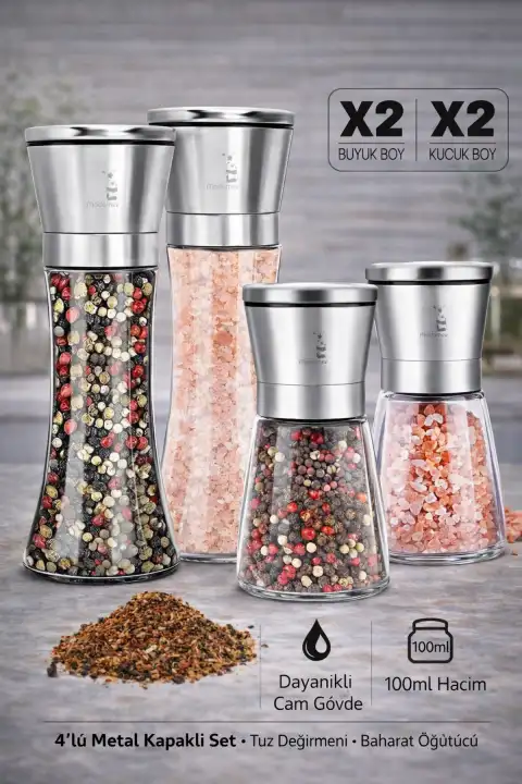 4lü Karabiber Tuz Değirmeni 5 Kademeli Baharat Öğütücü Büyük + Küçük Boy Metalik Tuzluk Seti