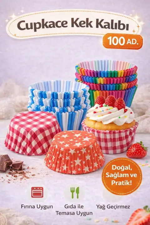 100lü Muffin Kek Kapsülü Mini Muffin Kağıdı Cupcake Browni Kek Kalıbı Renkli Yapışmaz