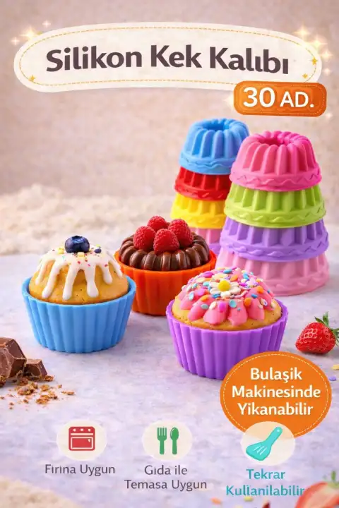 30 Adet Silikon Muffin Kek Kapsülü Yeniden Kullanılabilir Göbekli Cupcake Browni Kek Kalıbı Renkli