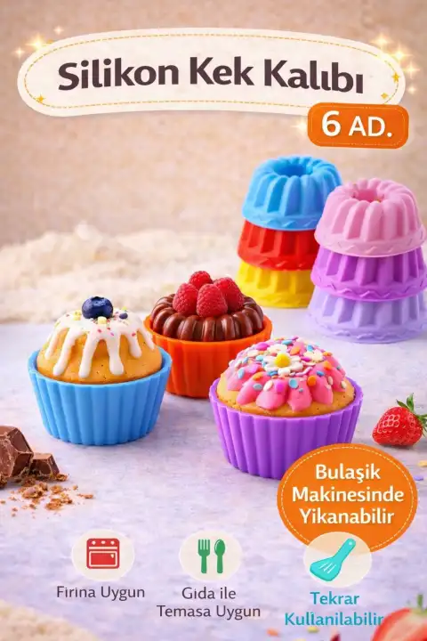 6lı Silikon Muffin Kek Kapsülü Yeniden Kullanılabilir Göbekli Cupcake Browni Kek Kalıbı Renkli