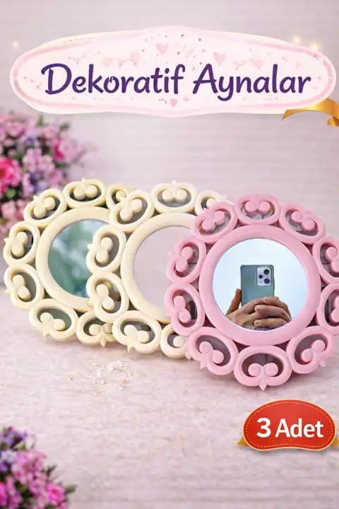 3 Adet Dekoratif Ayna Duvara Asılabilir Yuvarlak Desenli Stil Aynası 24 x 24 Çok Amaçlı Pratik Ayna