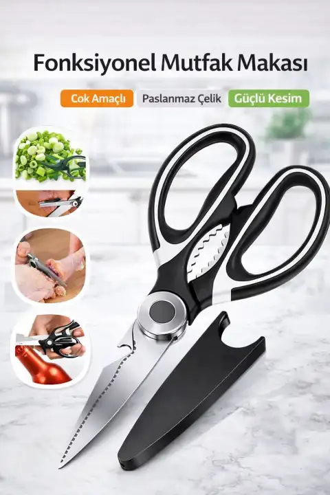 Paslanmaz Çelik Mutfak Makası Çok Fonksiyonlu Ultra Keskin Et Sebze Kesme Kapak Açıcı Ceviz Kırıcı