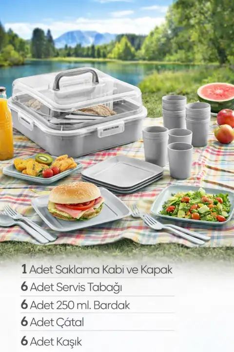 6 Kişilik Piknik Seti - Çantalı Piknik Seti 25 Parça Piknik Organizer Kamp Gray Piknik Seti