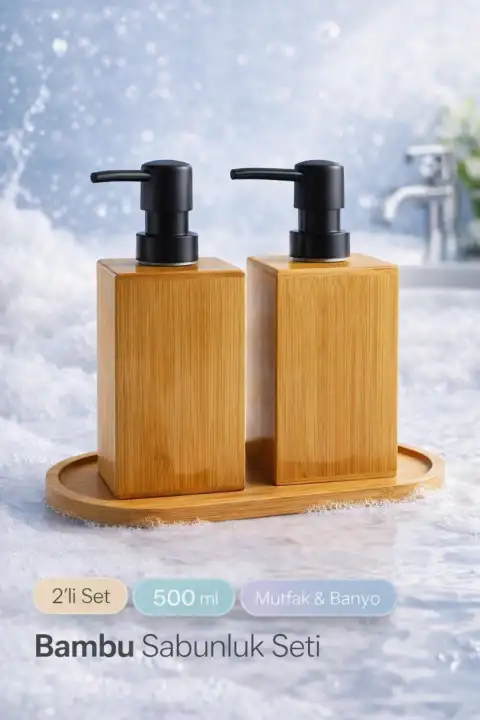 2li Kare Bambu Sabunluk Seti Hands Dishes Mutfak Banyo Sıvı Sabunluk 500ml Doğal Bambu Stantlı Set