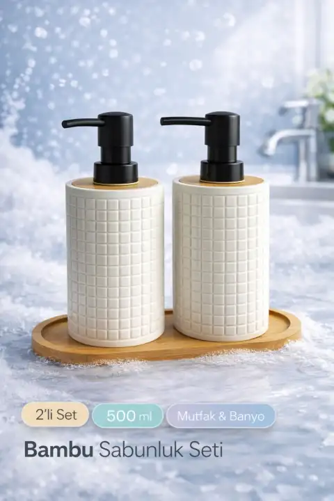 2li Retro Still Sıvı Sabunluk Seti 500ml Mutfak Banyo Hands Dishes Kare Figürlü Bambu Stantlı Set