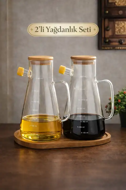 Bambu Kapaklı Vakumlu Borosilikat 3lü Set Cam Yağlık Sirkelik Stantlı Ayçiçek Zeytinyağı Şişesi