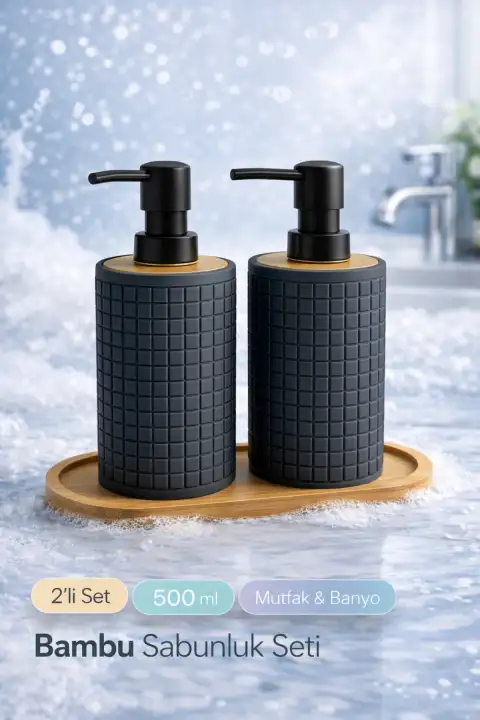 2li Retro Still Sıvı Sabunluk Seti 500ml Mutfak Banyo Kare Figürlü Hands Dishes Bambu Stantlı Set