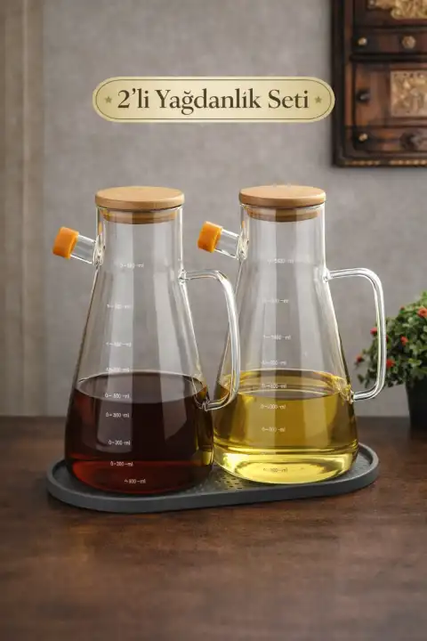 Bambu Kapaklı Vakumlu Borosilikat 3lü Set Stantlı Cam Yağlık Sirkelik Ayçiçek Zeytinyağı Şişesi