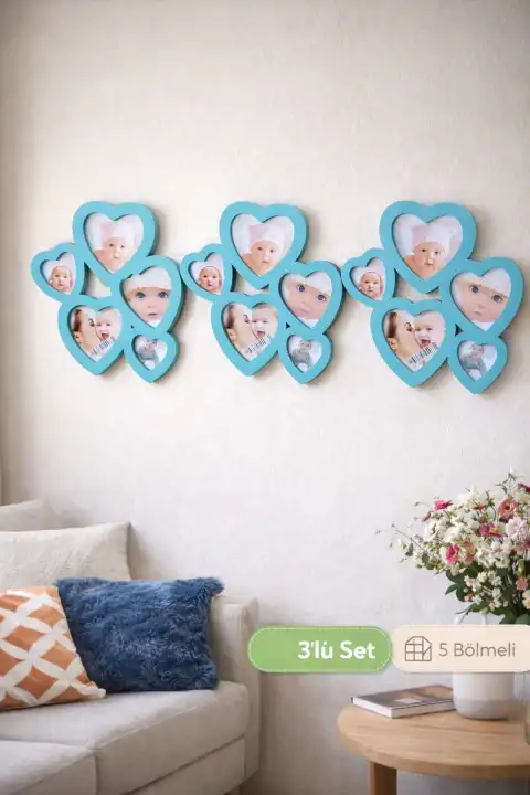 3 Adet Dekoratif Kalpli Resim Çerçevesi Asılabilir 5 Bölmeli Fotoğraf Albüm Çok Renkli Çerçevesi