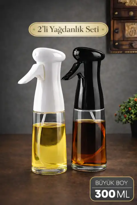 Büyük Boy Sprey Yağdanlık Airfryer Püskürtmeli Cam Şişe Ayçiçek Zeytinyağı 300ml Siyah Beyaz