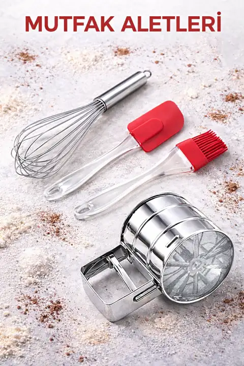 4lü Un Eleği Basmalı Şeker Pudra Elek Çelik Yumurta Çırpıcısı Yumurta Fırçası Silikon Spatula Seti