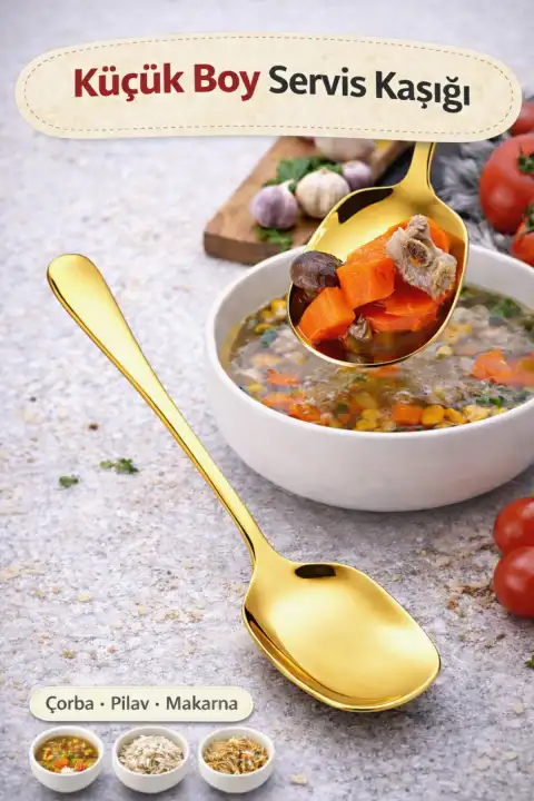 Lüx Gold Servis Kaşığı Küçük Boy Paslanmaz Çelik Kaşık Salata Pasta Yemek Servis Mutfak Kaşığı