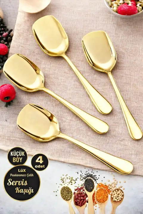 4lü Lüx Gold Servis Kaşığı Seti Küçük Boy Paslanmaz Çelik Kaşık Salata Yemek Mutfak Kaşığı