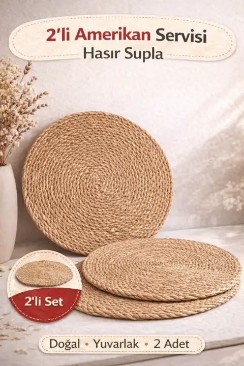 2’li Amerikan Servisi Hasır Supla Yuvarlak Masa Dekoru Doğal Dokulu Sofra Aksesuarı Rattan