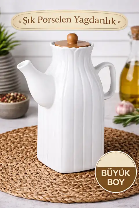 Porselen Yağdanlık Bambu Kapaklı Vakumlu Beyaz Zeytinyağı Ayçiçek Yağlık Sosluk Sirkelik 1000 ml.