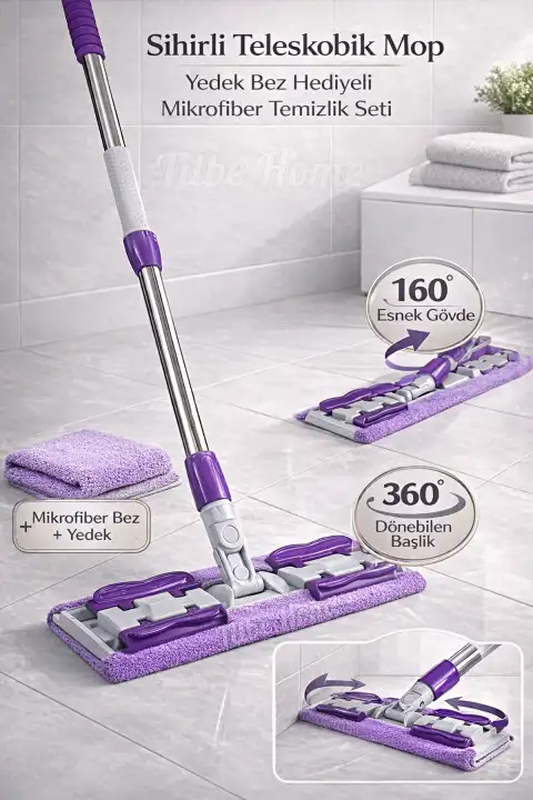 Sihirli Teleskobik Mop Yedek Bezli Yer Fayans Duvar Yüzey Temizlik Mikrofiber Paspas Mandallı Mop