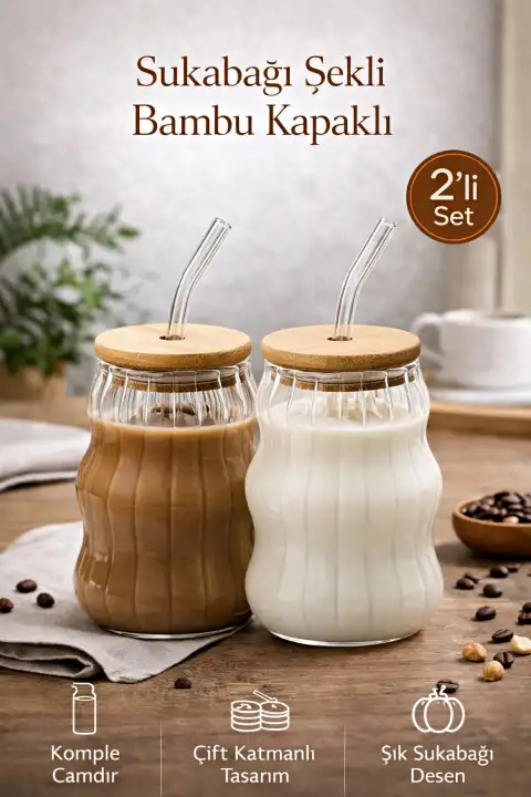 2li Sukabağı Latte Bardak Bambu Kapaklı İskandinav Cam Bardak Kahve Kokteyl Sunum Bardağı 400ml