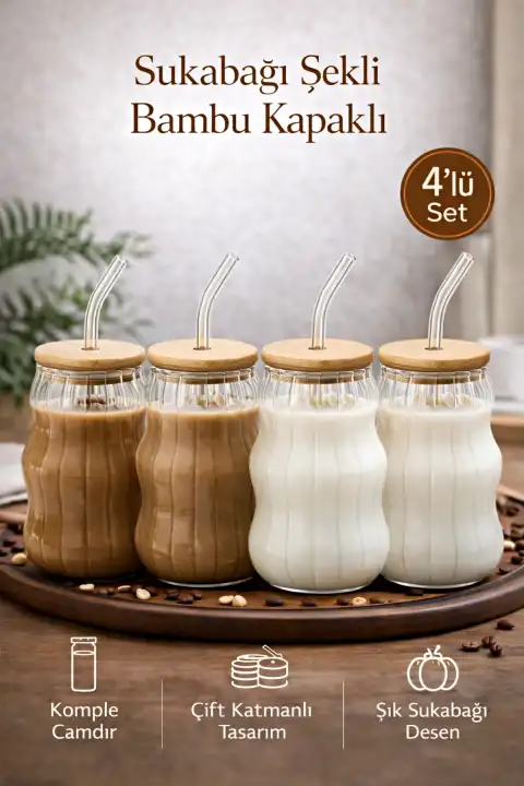 4lü Bambu Kapaklı Sukabağı Latte İskandinav Cam Pipetli Bardak Kahve Kokteyl Sunum Bardağı 400ml