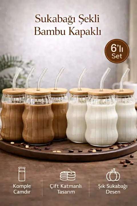 6lı Bambu Kapaklı Sukabağı Latte İskandinav Cam Pipetli Bardak Kahve Kokteyl Sunum Bardağı 400ml