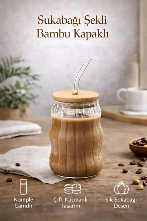 Sukabağı Latte Bardak Bambu Kapaklı İskandinav Cam Bardak Kahve Kokteyl Sunum Bardağı 400ml