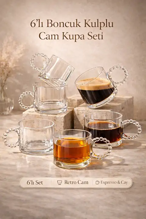 6’lı Boncuk Kulplu Cam Kupa Bardak Takımı Retro Espresso Çay Kahve Meşrubat Bardağı Seti 100ml