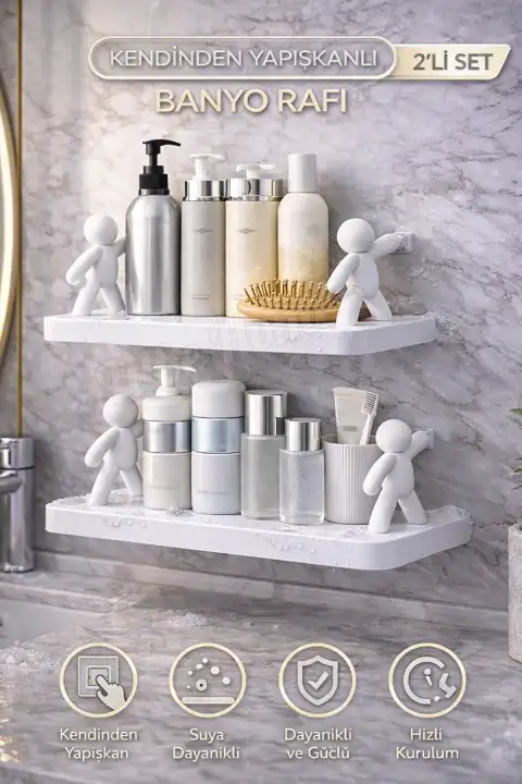 2li Figürlü Kendinden Yapışkanlı Craft Banyo Rafı Organizer Duvara Monte Mutfak Düzenleyici Beyaz