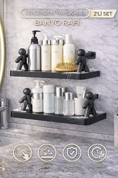 2li Figürlü Kendinden Yapışkanlı Craft Banyo Rafı Organizer Duvara Monte Mutfak Düzenleyici Siyah