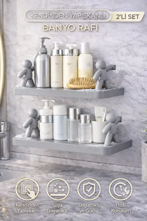 2li Figürlü Kendinden Yapışkanlı Craft Banyo Rafı Organizer Duvara Monte Mutfak Düzenleyici Gri