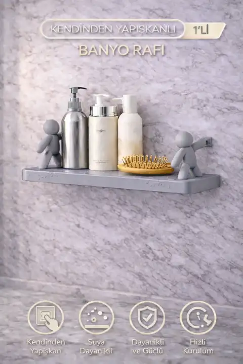 Figürlü Kendinden Yapışkanlı Craft Banyo Rafı Organizer Duvara Monte Mutfak Düzenleyici Gri