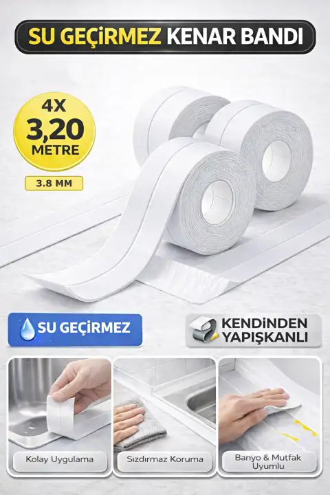 4lü Su Geçirmez Kenar Bandı Banyo Küvet Mutfak Lavabo Ocak Kenarı Sızdırmaz Tamir Bandı 3.2mt 3.8mm