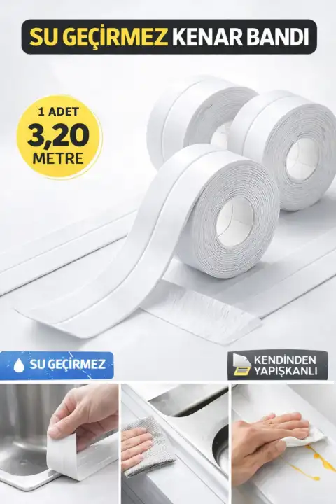 Su Geçirmez Kenar Bandı Banyo Küvet Mutfak Lavabo Ocak Kenarı Sızdırmaz Tamir Bandı 3.2mt 3.8mm