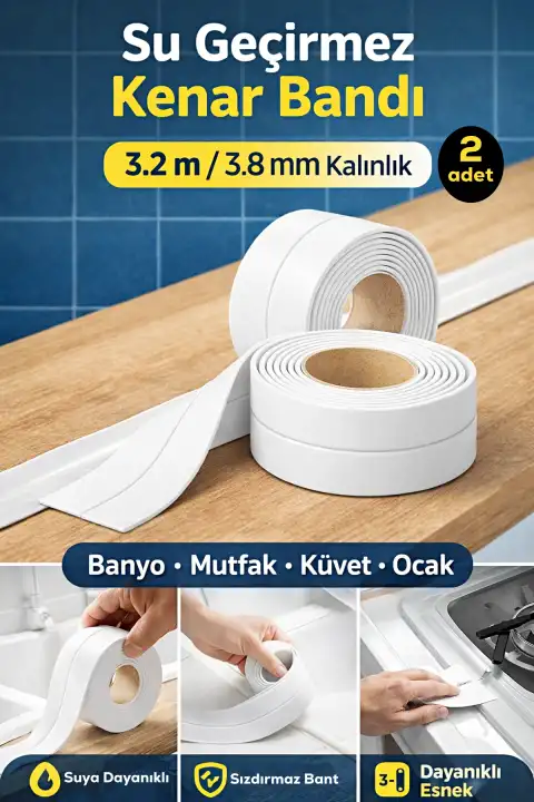 2li Su Geçirmez Kenar Bandı Banyo Küvet Mutfak Lavabo Ocak Kenarı Sızdırmaz Tamir Bandı 3.2mt 3.8mm