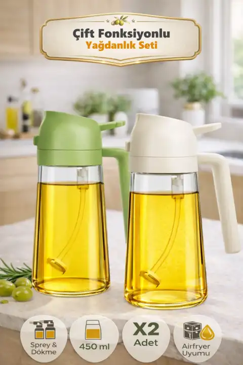2 Adet Çift Fonksiyonlu Cam Yağdanlık 450ml Zeytinyağı Sıvıyağ Şişe Sprey Airfryer Yağlık Sirkelik