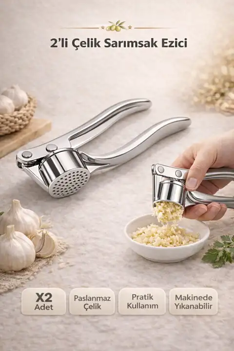 2li Lüx Sarımsak Ezici Hazneli Çelik Ezme Aparatı Yuvarlak Şekilli Ezici Press Dayanıklı Tasarım