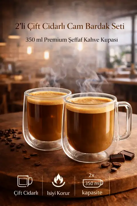 2’li Çift Cidarlı Cam Kupa 250 ml Isıyı Koruyan Kahve Çay Fincanı Kulplu Espresso Cam Bardak