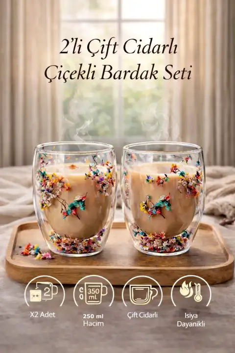 2li Çift Cidarlı Flower Cup 250ml Çiçekli Bardak Kahve Çay Bardağı El Yapımı Cam Bardak Seti