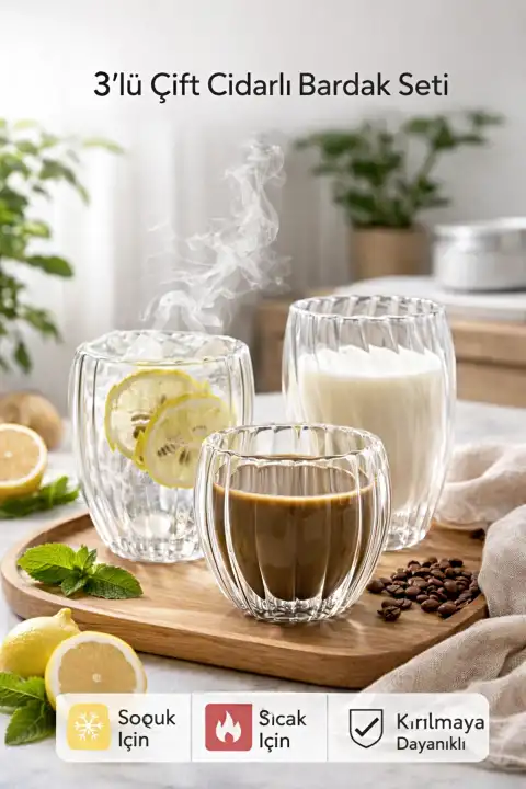 3’lü Çift Cidarlı Burgulu Kristal Cam Bardak Seti – Sıcak & Soğuk Çay Kahve Süt Kupası Retro Seti
