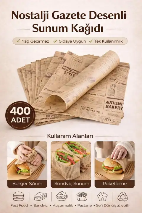 400lü Nostalji Desenli Kağıt Vintage Gazete Desen Aparatif Kağıdı Mutfak Sunum Breakfast Kağıdı