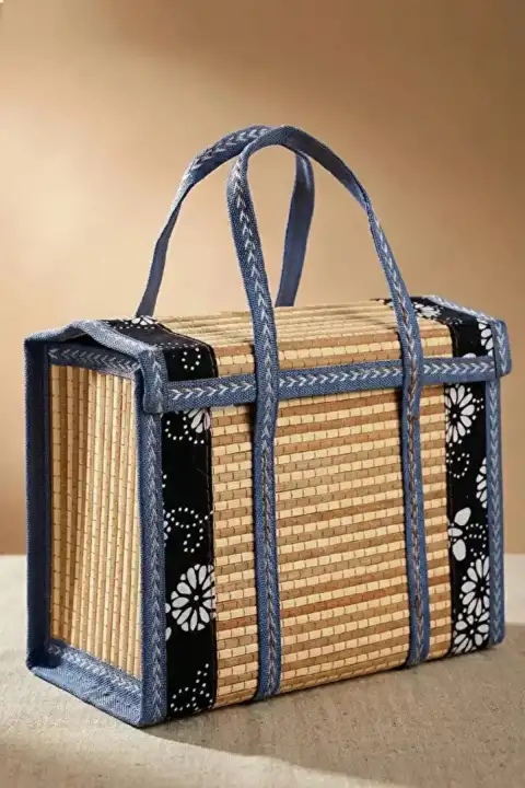 Stil Modern Dokuma Hasır Sepet Taşıma Çantası Kapaklı Bambu Örgülü Organizer Kulplu Piknik Sepeti
