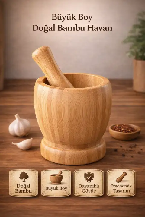 Büyük Boy Bambu Havan Sarımsak Ezici Baharat Ceviz Dövme Ahşap Havan Tokmaklı Pratik Mutfak Gereci