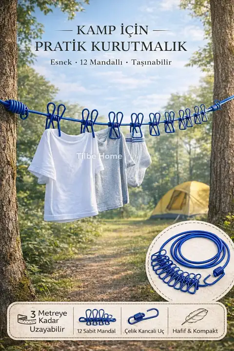 Mandallı Kancalı Kamp Çamaşır Asma İpi 1.8-3m Elastik Taşınabilir Balkon Seyahat Kurutma Halatı