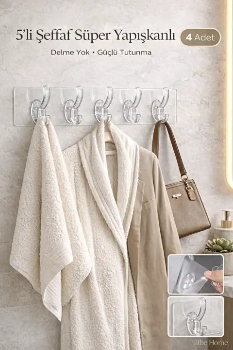 4 Adet Şeffaf Yapışkanlı Duvar Askılığı 5’li Banyo Mutfak Kapı Arkası Havlu Askısı Şeffaf Organizer