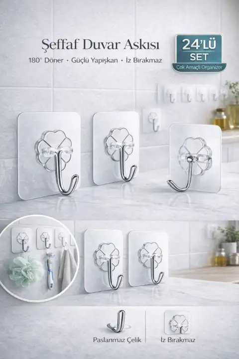 24’lü Güçlü Yapışkanlı Kancalı Duvar Askısı 180° İz Bırakmaz Banyo Mutfak Kapı Arkası Organizer