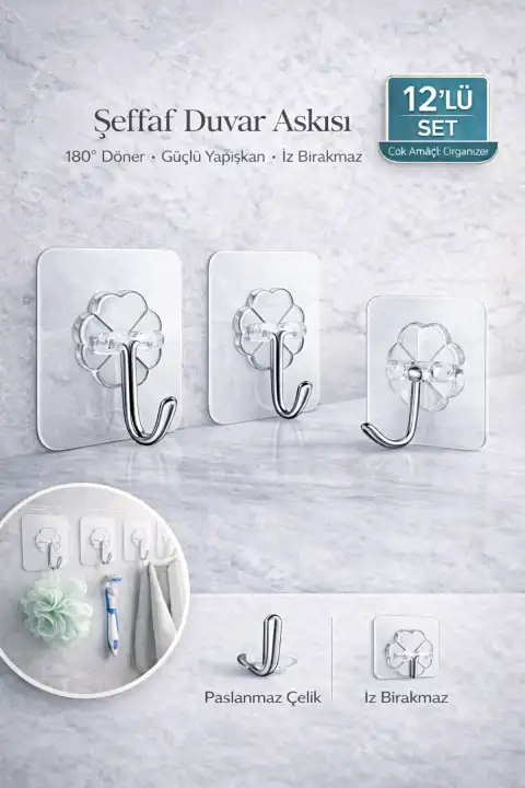 12’li Güçlü Yapışkanlı Kancalı Duvar Askısı 180° İz Bırakmaz Banyo Mutfak Kapı Arkası Organizer