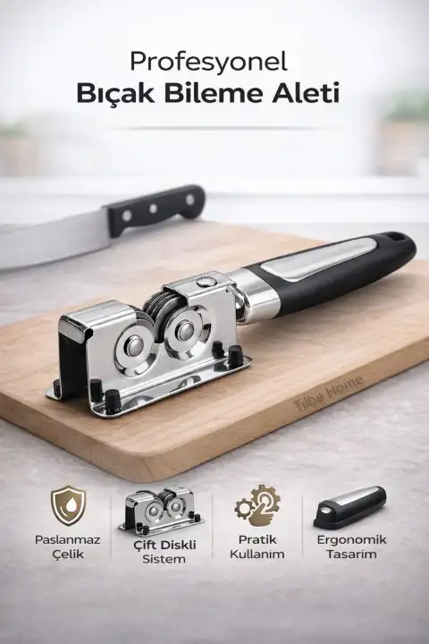 Paslanmaz Çelik Çekmeli Bıçak Bileme Aleti Profesyonel Çift Diskli Manuel Mutfak Bıçak Bileyici