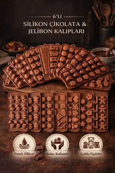 6lı Silikon Dubai Çikolata Kalıbı Çok Figürlü Mini Jelibon Şekilli Buzluk Dondurma Kalıpları