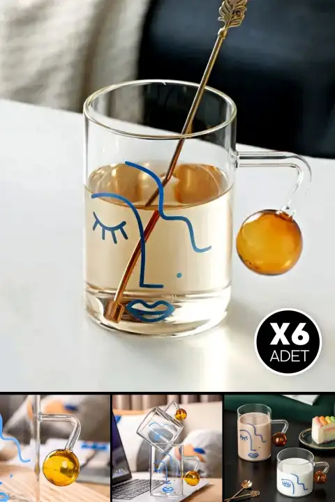 6lı Abstract Boncuk Kahve Sunum Kulplu Bardağı 300ml Isıya Dayanıklı Yüz Figürlü Cam Kokteyl Bardak